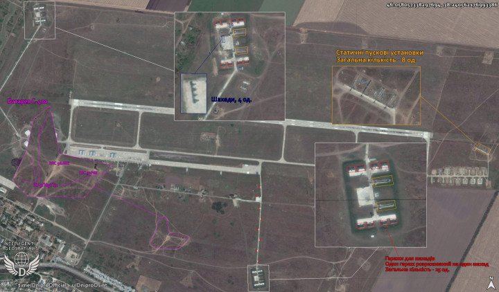 Airbase with 8 launchers, 25 garages, and mobile launch capability. Protected by S-400 battery. (Source: Dnipro OSINT) Airbase with 8 launchers, 25 garages, and mobile launch capability. Protected by S-400 battery. (Source: Dnipro OSINT)