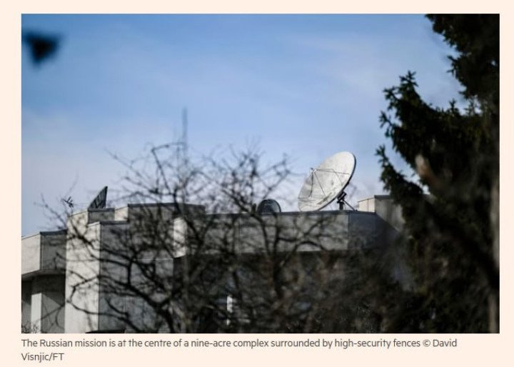 Satellite antennas installed on the rooftop of the Russian mission complex in Vienna. (Source: FT)