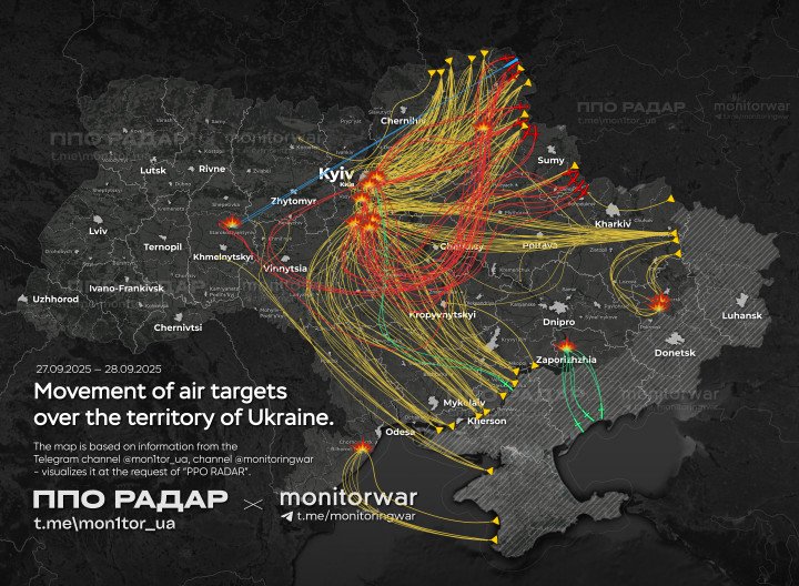 Mapa que muestra la trayectoria de los drones y misiles rusos durante el ataque nocturno del 27 al 28 de septiembre. (Fuente: PPO Radar / Monitorwar (a través de Telegram))