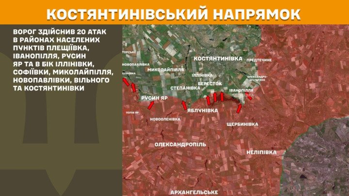 mapa Kostiantynivka Ucrania 20 ataques rusos Pleshchiivka Ivanopillia abril 2026