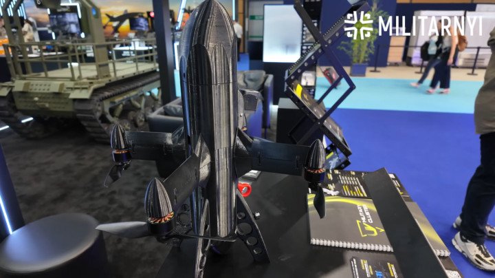 Ukraine’s Skazhenyi interceptor drone displayed at Eurosatory 2026. (Source: Militarnyi) Ukraine’s Skazhenyi interceptor drone displayed at Eurosatory 2026. (Source: Militarnyi)