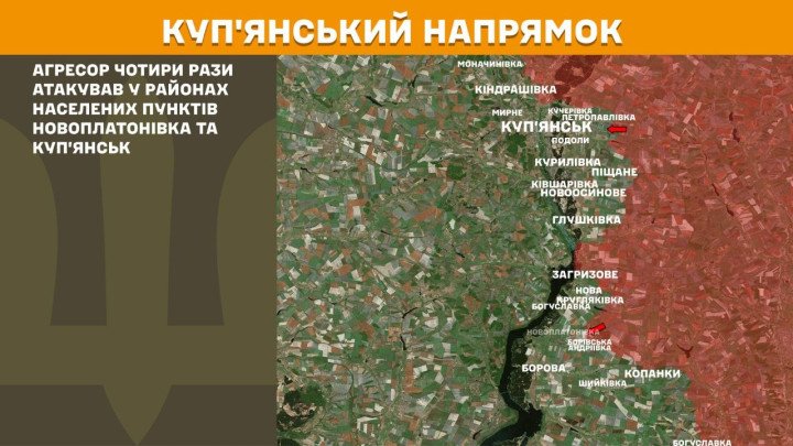 Mapa militar táctico mostrando los cuatro ataques rusos repelidos por las tropas ucranianas en el perímetro de Kupiansk y Novoplatonivka el 29 de abril de 2026.