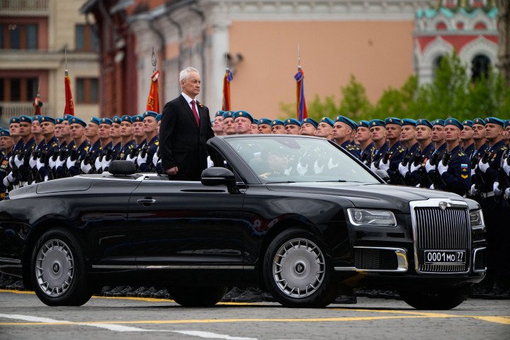 Russian Defense Minister Andrey Belousov attends the Victory Day military parade on Red Square in Moscow on May 9, 2026. (Source: Getty Images)