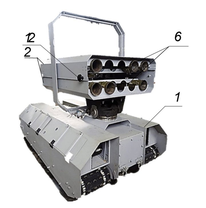 Prototype of the “mini-Solntsepyok” ground robot with mounted rocket launchers on top of a tracked platform. (Source: BTVT.INFO) Prototype of the “mini-Solntsepyok” ground robot with mounted rocket launchers on top of a tracked platform. (Source: BTVT.INFO)