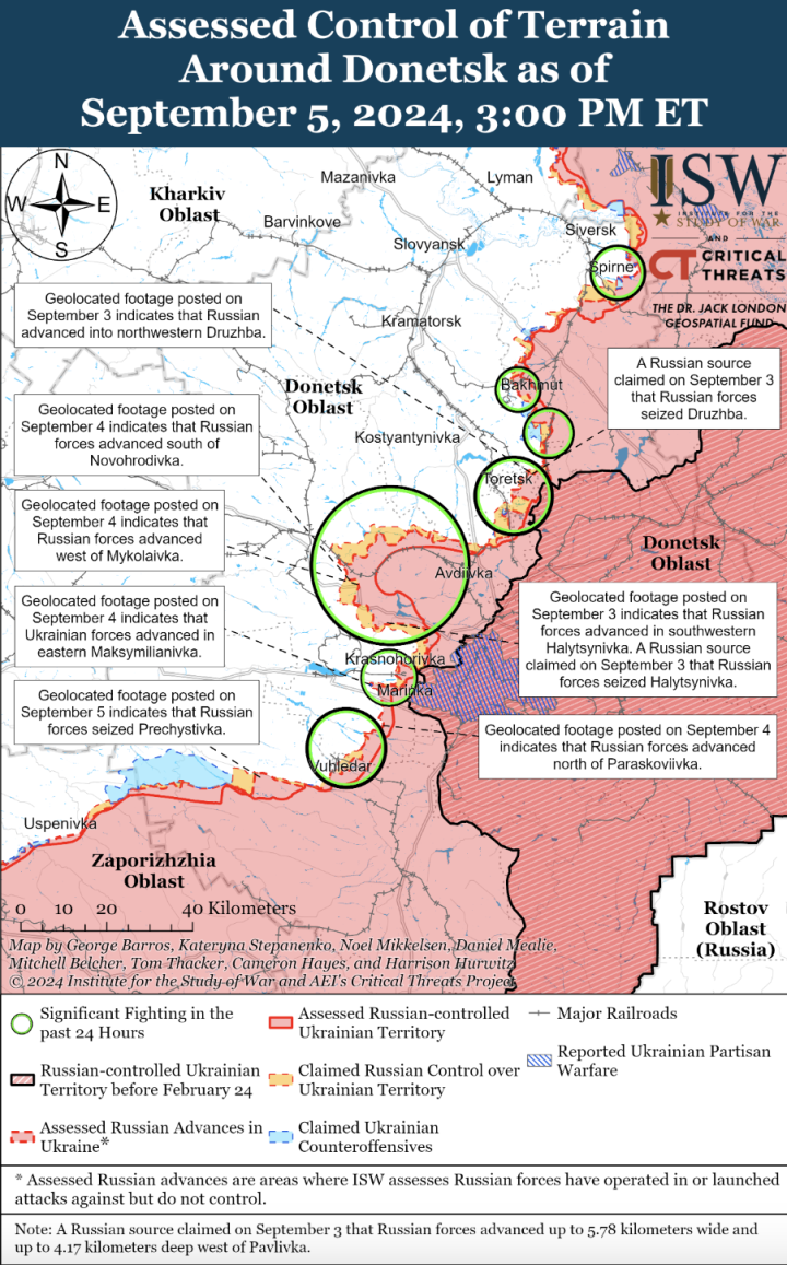 Assessed control of terrain around Donetsk as of September 5, 2024. (Source: ISW) Assessed control of terrain around Donetsk as of September 5, 2024. (Source: ISW)