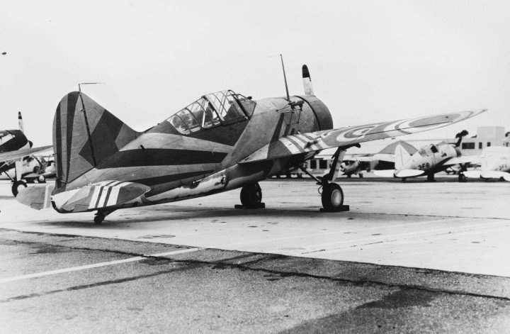 A Brewster F2A-1 fighter aircraft painted in experimental dazzle camouflage, a concept tested on aircraft but found less effective than on naval vessels. (Source: Warfare History Network)