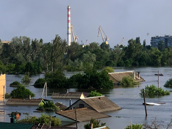 A view of the streets that are flooded after the explosion at the Kakhovka hydropower plant unleashed floodwater across Ostrov district in Kherson, Ukraine on June 9,2023. (Photo by Svitlana Horieva via Getty Images) A view of the streets that are flooded after the explosion at the Kakhovka hydropower plant unleashed floodwater across Ostrov district in Kherson, Ukraine on June 9,2023. (Photo by Svitlana Horieva via Getty Images)