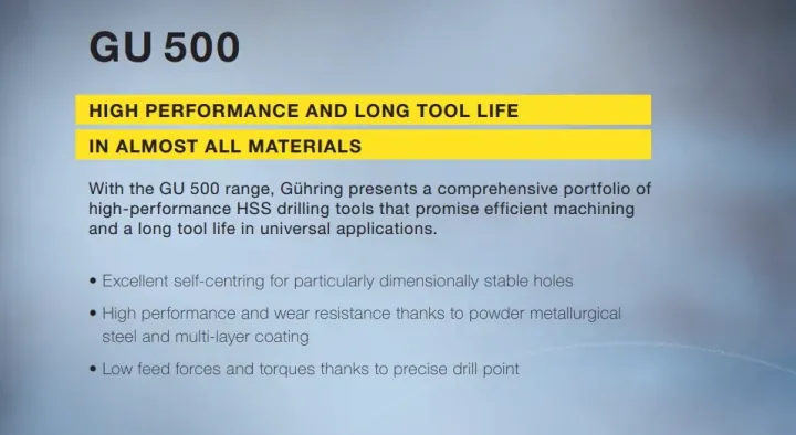 Presentation slide for Gühring's GU500 drilling tool series. (Source: Gühring)