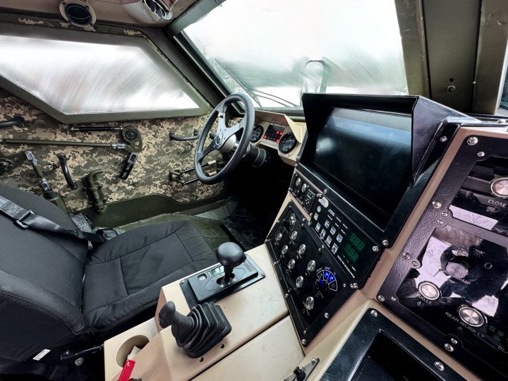 Interior view of the MAC OWL armored vehicle, showing the driver’s compartment and onboard control systems. (Source: MAC HUB) Interior view of the MAC OWL armored vehicle, showing the driver’s compartment and onboard control systems. (Source: MAC HUB)