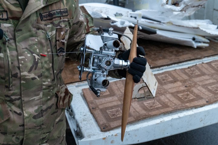 A Ukrainian soldier holds a fragment of a Russian decoy drone, which was shot down by Ukrainian defenders, on January 23, 2025 in Chernihiv, Ukraine. Decoy drones, such as Gerbers and Parodies, in the mass launch of Shahed combat drones by the Russian army, as reported by the Air Force Command of the Armed Forces of Ukraine, may be up to 50%. (Photo by Dan Bashakov/Global Images Ukraine via Getty Images) A Ukrainian soldier holds a fragment of a Russian decoy drone, which was shot down by Ukrainian defenders, on January 23, 2025 in Chernihiv, Ukraine. Decoy drones, such as Gerbers and Parodies, in the mass launch of Shahed combat drones by the Russian army, as reported by the Air Force Command of the Armed Forces of Ukraine, may be up to 50%. (Photo by Dan Bashakov/Global Images Ukraine via Getty Images)