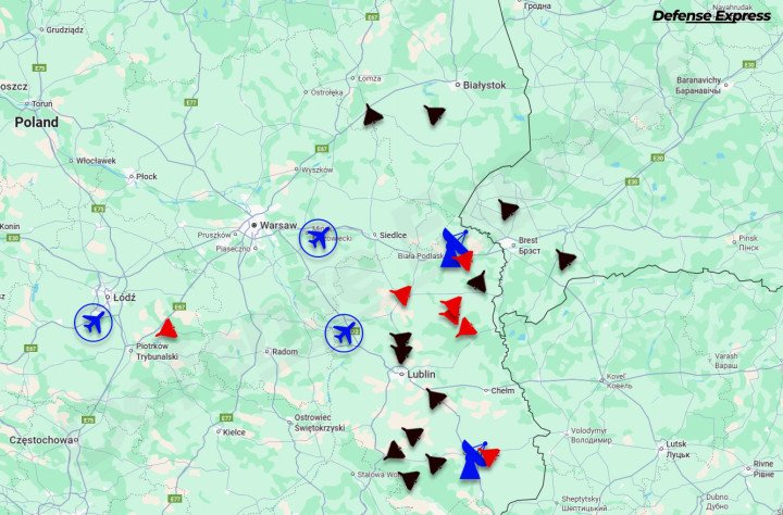 Map showing crash sites and routes of Russian “Gerbera” drones in Poland, including proximity to radar posts and air bases. (Source: Defense Express)