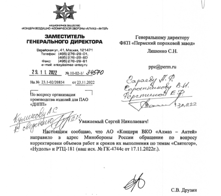 Correspondence between Almaz-Antey and the Perm Powder Plant regarding the Nudol and Svyatogor programs, 2022.