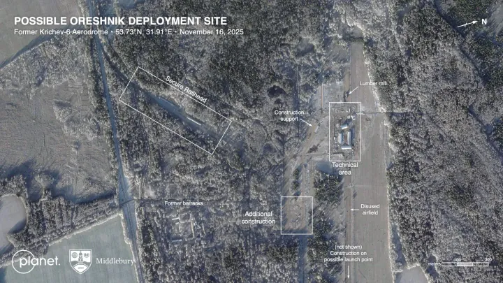 Satellite imagery from Planet Labs dated November 16 shows ongoing construction activity at the former Krichev-6 airfield in eastern Belarus, identified by Middlebury Institute analysts as a likely deployment site for Russia’s Oreshnik missile system. (Source: Planet Labs) Satellite imagery from Planet Labs dated November 16 shows ongoing construction activity at the former Krichev-6 airfield in eastern Belarus, identified by Middlebury Institute analysts as a likely deployment site for Russia’s Oreshnik missile system. (Source: Planet Labs)