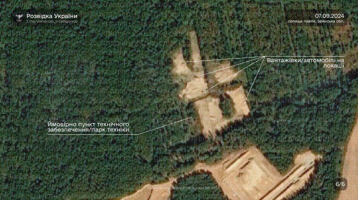 September 7, 2024, satellite image highlights a probable technical support area in Navlya, with visible trucks and vehicles on site. (Source: Ukrainian Intelligence via Telegram / Planet Labs PBC 2025) September 7, 2024, satellite image highlights a probable technical support area in Navlya, with visible trucks and vehicles on site. (Source: Ukrainian Intelligence via Telegram / Planet Labs PBC 2025)