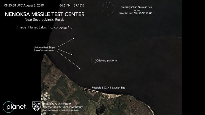 Imágenes satelitales muestran embarcaciones y el presunto sitio de lanzamiento vinculado al accidente del misil Burevestnik de 2019 cerca de Nyonoksa, Rusia. (Fuente: Planet Labs) Imágenes satelitales muestran embarcaciones y el presunto sitio de lanzamiento vinculado al accidente del misil Burevestnik de 2019 cerca de Nyonoksa, Rusia. (Fuente: Planet Labs)