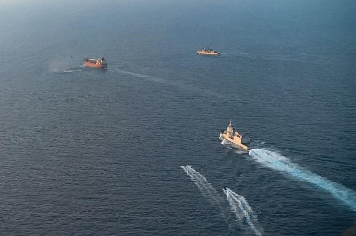 EUNAVFOR MED ships approach the tanker Toa Payoh west of Italy’s Pantelleria island, August 2, 2026. (Source: Italian Defense Ministry)