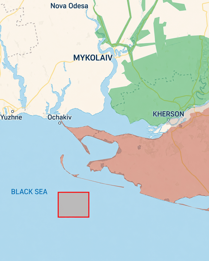 Approximate area in the Black Sea where Ukrainian forces intercepted and destroyed Russian uncrewed surface vessels near the Kinburn Spit on June 23. (Source: Serhii “Flash” Beskrestnov)
