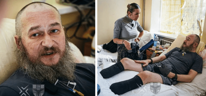 A Ukrainian soldier who lost both feet during combat is pictured recovering in a hospital following his evacuation. (Source: Bairak Oleh via Facebook)