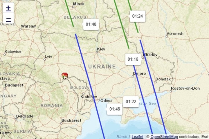 Projected pass of Russian Rassvet satellites over Ukraine on April 21, 2026. (Source: n2yo.com)