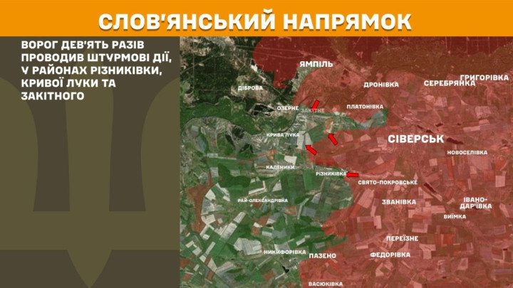 Mapa combate Ucrania Frente de Sloviansk 9 asaltos rusos hostilidades Riznykivka Kryva Luka ofensiva.