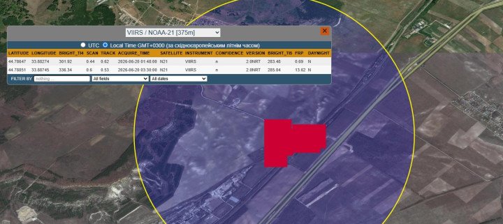 NASA FIRMS detected fire hotspots at a TES fuel and gas terminal in occupied Crimea following a drone strike on June 20, 2026. (Source: NASA FIRMS)