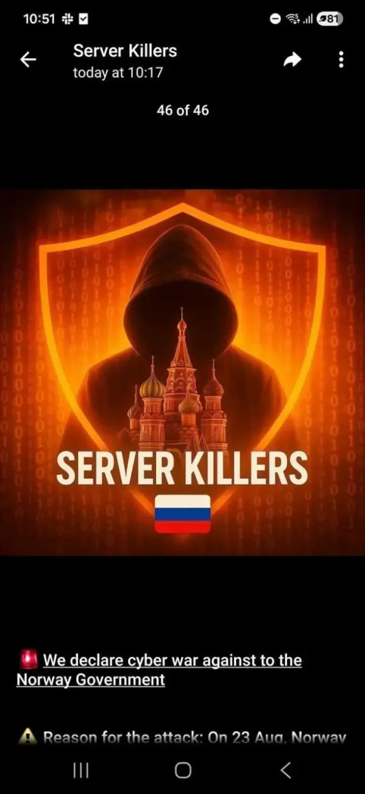 Screenshot of a Server Killers Telegram post declaring “cyberwar” on the Norwegian government. (Source: Server Killers Telegram)