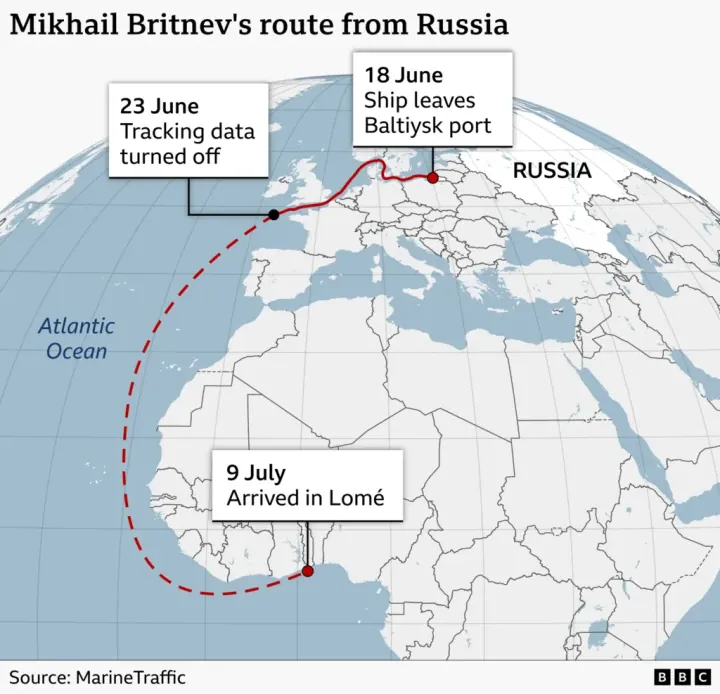 Map showing the route of the Russian cargo ship Mikhail Britnev from Baltiysk to West Africa. (Source: BBC) Map showing the route of the Russian cargo ship Mikhail Britnev from Baltiysk to West Africa. (Source: BBC)
