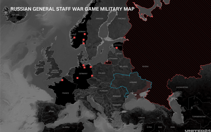 A map used in Russian General Staff war games shows simulated military scenarios across Europe. (Source: UNITED24 Media/Oleksandr Manukians) A map used in Russian General Staff war games shows simulated military scenarios across Europe. (Source: UNITED24 Media/Oleksandr Manukians)