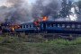 A suburban diesel passenger train burns after a Russian drone attack in Ukraine’s Sumy region on September 8, 2026. At least 10 people were injured in the strike.