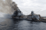 The Russian Black Sea Fleet flagship Moskva burns after being struck by Ukrainian Neptune anti-ship missiles in the Black Sea in April 2022. (Photo: Open source)