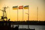 The flags of Ukraine and Denmark flutter against the background of the sunset on September 9, 2023, in Mykolaiv, Ukraine.