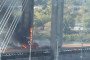 Fire burns near a support of Kyiv’s Pivdennyi Bridge after a reported Shahed-type drone strike on October 1, 2026. (Source: Social media)