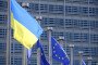 The Flag of Ukraine flies in the wind in front of the Berlaymont on August 17, 2025, in Brussels, Belgium.