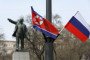 North Korean and Russian flags displayed at Vladivostok railway station during Kim Jong Un’s visit to Russia, April 26, 2019. (Source: Getty Images)