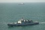 Royal Navy RFA Tideforce and a Wildcat helicopter (not pictured) shadow a Russian frigate Admiral Grigorovich (front) in the Channel, April 2026. (Source: Royal Navy)