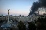Smoke rising over buildings following Russian air attacks in downtown Kyiv on September 8, 2026.
