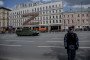 A Russian military vehicle moves along the Garden Ring road in front of a huge Z letter, a tactical insignia of Russian troops in Ukraine, in Moscow on May 7, 2025. (Source: Getty Images)