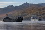 The auxiliary ship RFA Lyme Bay and a landing craft during exercises off the coast of Norway. (Source: RFALymeBay/X)