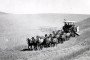 Vintage horse-powered wheat harvesting combine reportedly outside Moscow, 1930s-40s.