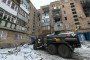 Russian tank vehicle hidden in the residential building yard in the temporarily occupied Donetsk, Ukraine on March 11, 2022.