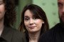 Xenia Fedorova reacts as activists of the organization "For Ukraine, for their freedom and ours" stage a protest against her presence to promote her book at the Grand Palais venue in Paris on April 12, 2025. (Source: Getty Images)