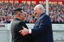 Alexander Lukashenko and Kim Jong Un greet each other during an official ceremony in Pyongyang. (Source: press service of the Belarusian leader)