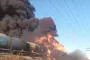 Illustrative photo of burning Russian fuel tank railcars following a reported Ukrainian strike in the Zaporizhzhia region. (Source: Sternenko)