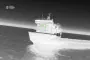 Close-up drone view of a Russian ferry targeted during a Ukrainian intelligence operation against vessels supporting Russia’s military logistics network. (Source: HUR)
