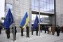 The Ukrainian flag is raised in Brussels, on February 23, 2026.