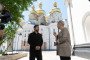 Ukrainian President Volodymyr Zelenskyy gives an interview in front of the damaged Kyiv-Pechersk Lavra, June 2026.