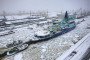 Nuclear icebreaker Yakutiya sails through the Galerny fairway of Kanonersky Island during sea trials during a snowfall in St. Petersburg. (Source: Getty Images)