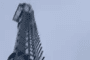 A damaged communications tower rises against the sky, reportedly destroyed in a sabotage operation targeting Russian military infrastructure. (Source: ATESH)