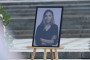 A portrait of Ukrainian journalist Viktoriia Roshchyna is seen during a farewell ceremony on Maidan Nezalezhnosti on August 8, 2025 in Kyiv, Ukraine. (Source: Getty Images)