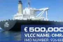 VLCC tanker OMRA (formerly Vani), shown at sea alongside a €500,000 reward notice seeking information about the vessel’s current location. (Photo: Open source)